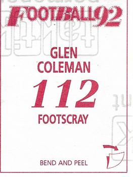 1992 Select AFL Stickers #112 Glen Coleman Back